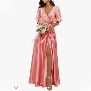 Pleated V Neck Satin Bridesmaid Dress with Sleeves & Side Slit- Size 16